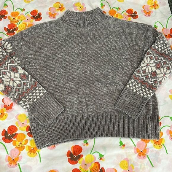 Chenille Mock Neck Sweater Christian Siriano - M Gray Snowflakes - Picture 1 of 12